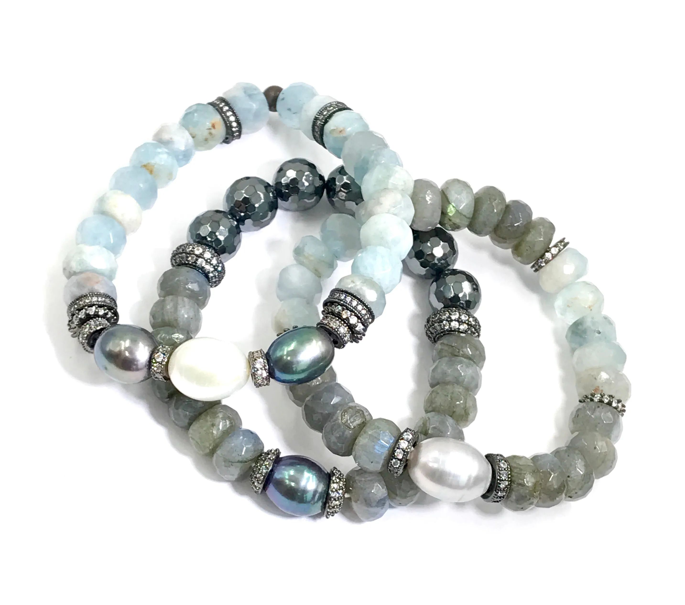 Aquamarine, Labradorite Gemstone Stack and Stretch Layering Bracelets Set