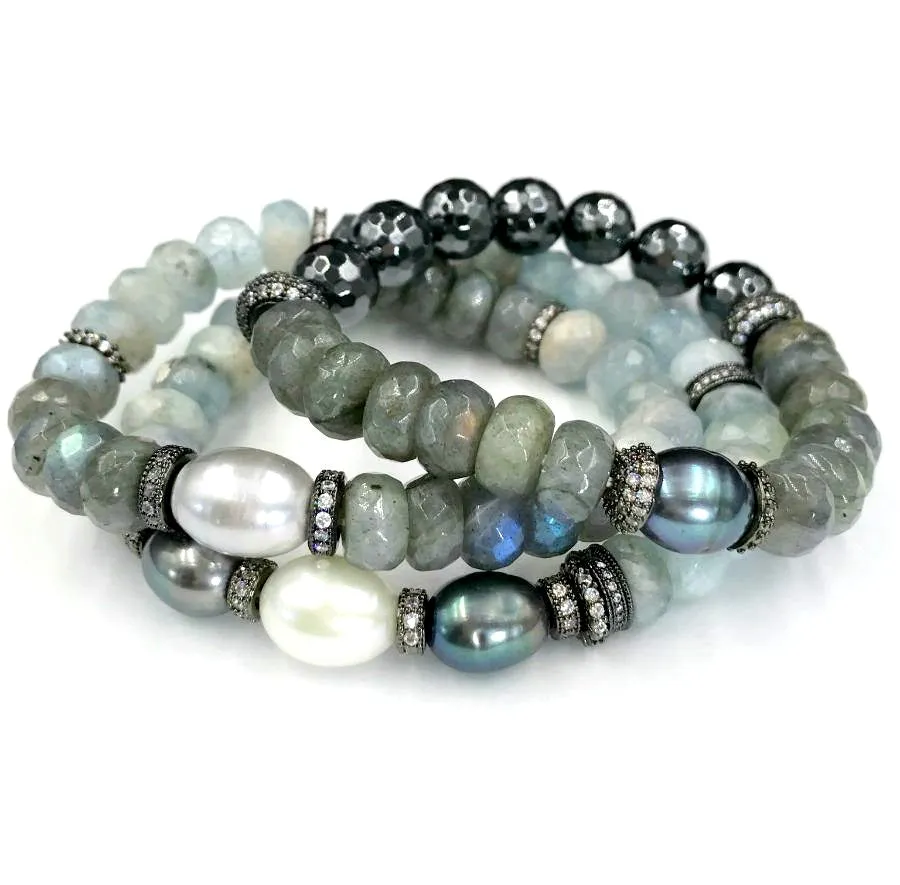 Aquamarine, Labradorite Gemstone Stack and Stretch Layering Bracelets Set