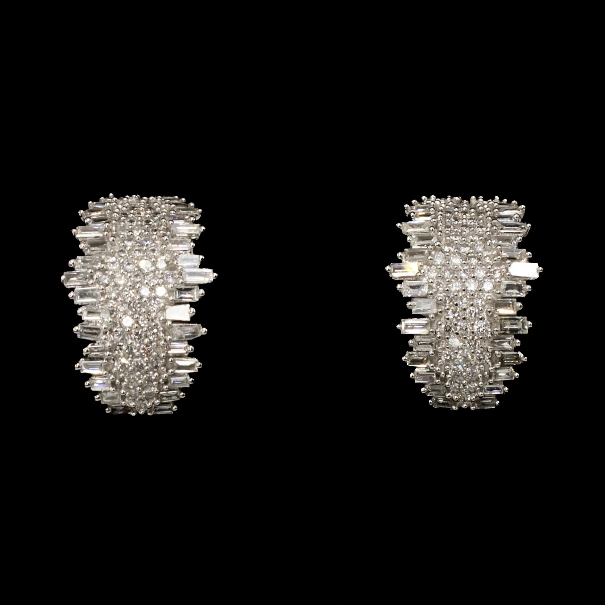 Baguette and Round Diamond Bar Style Hoop Earrings