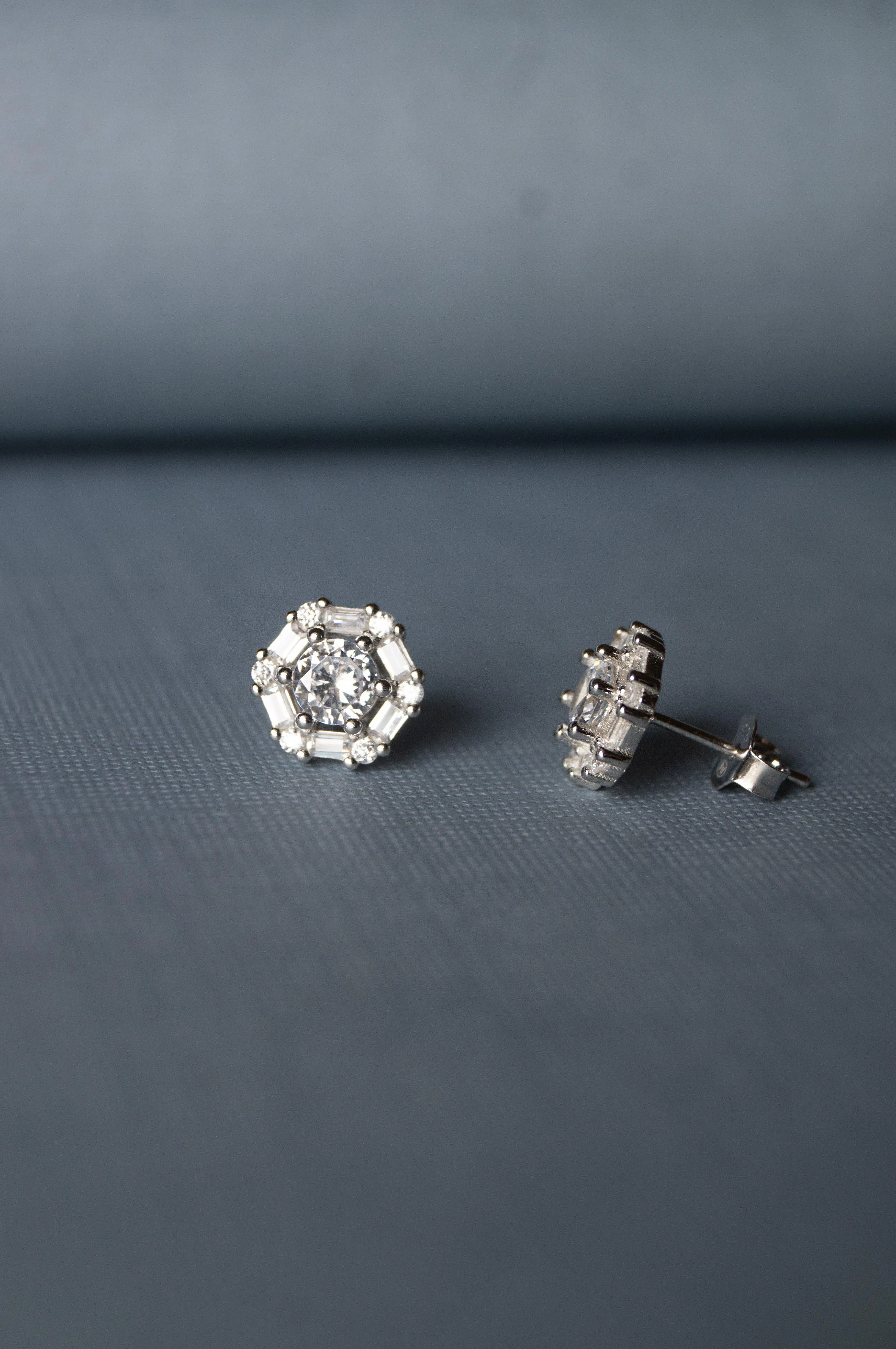 Baguette Treaty Solitaire Sterling Silver Stud Earrings