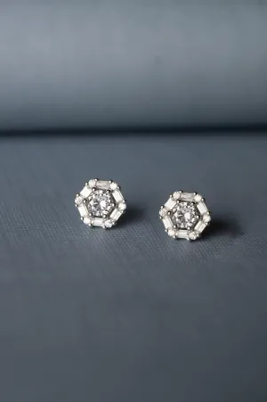 Baguette Treaty Solitaire Sterling Silver Stud Earrings