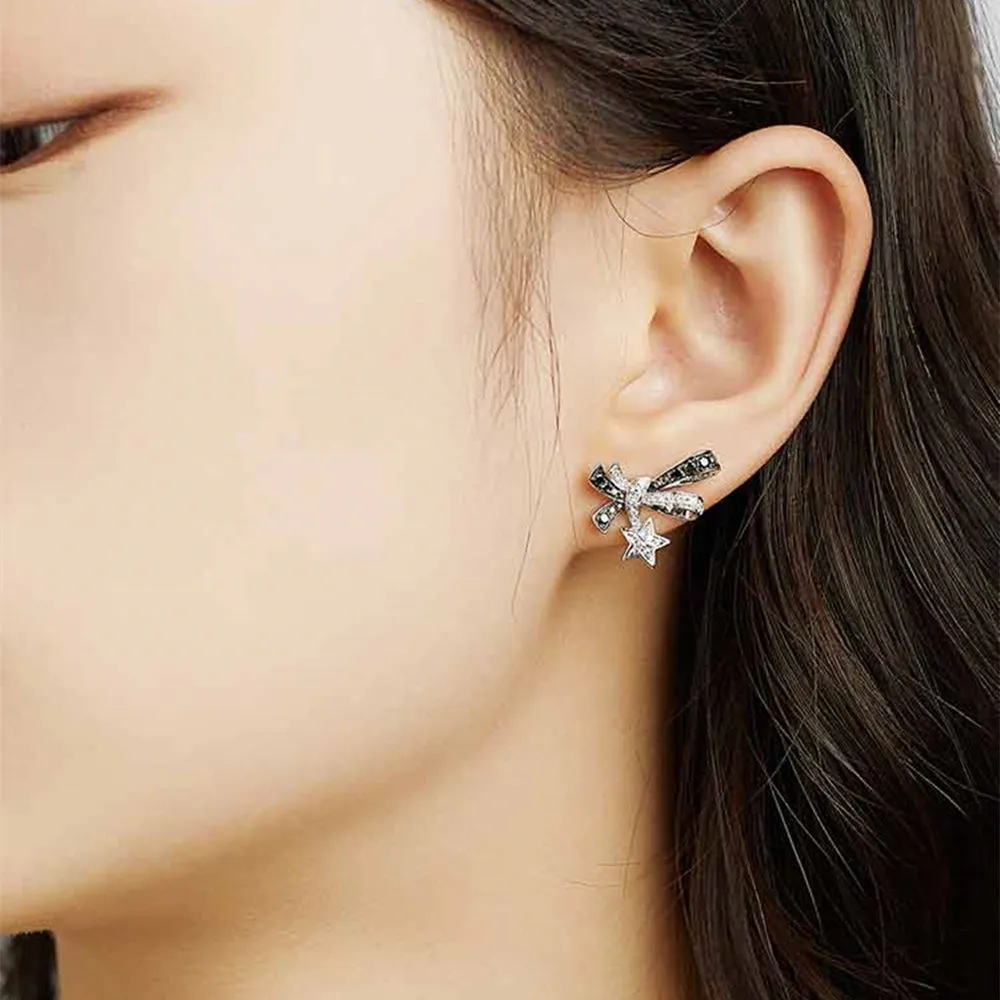 Black and White Diamond Bow Tie Stud Earrings