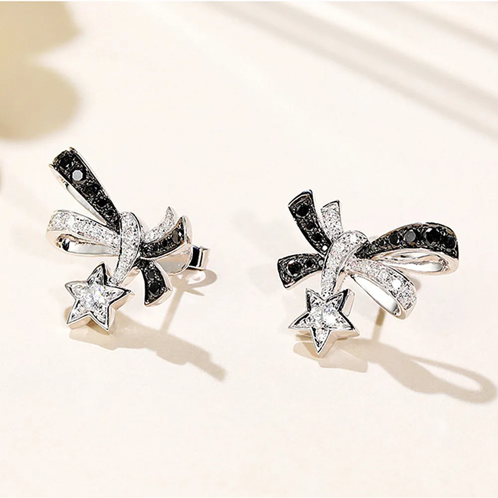 Black and White Diamond Bow Tie Stud Earrings