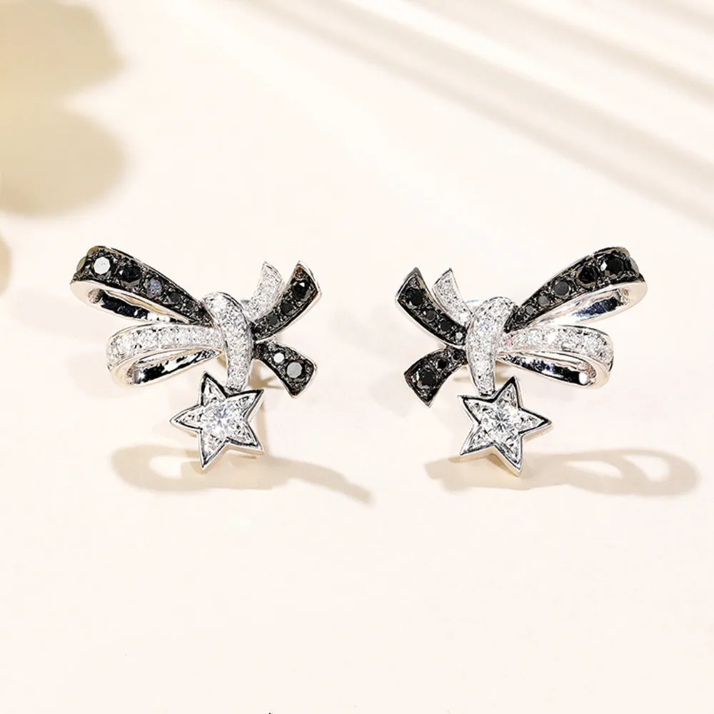 Black and White Diamond Bow Tie Stud Earrings