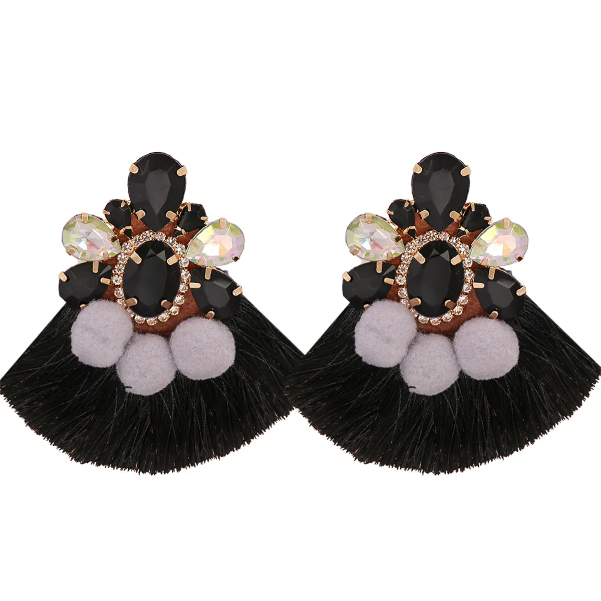 Black Crystal & Cubic Zirconia Flower Tassel Drop Earrings