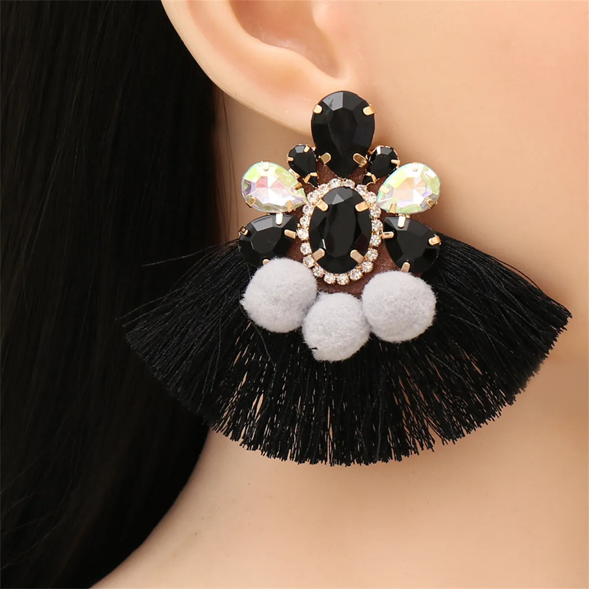 Black Crystal & Cubic Zirconia Flower Tassel Drop Earrings