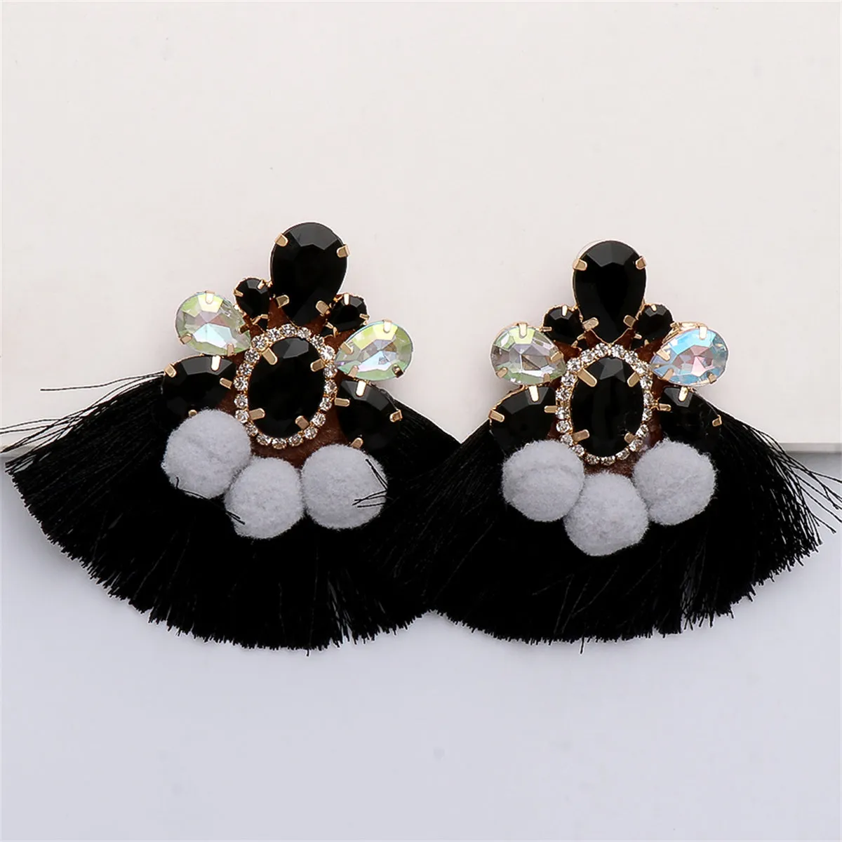 Black Crystal & Cubic Zirconia Flower Tassel Drop Earrings