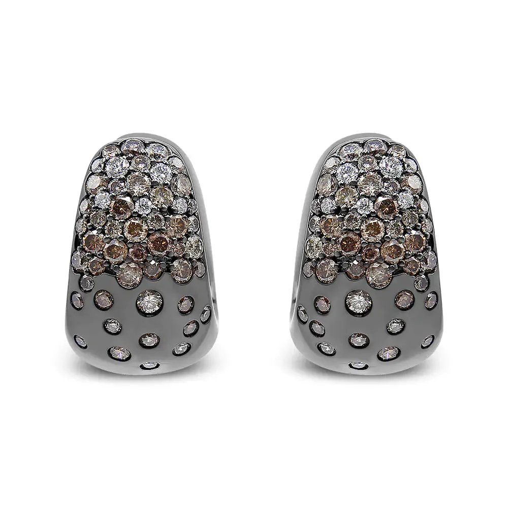 Black Rhodium over 18K White Gold 2 1/4 Cttw Prong and Bezel Set White and Brown Diamond Huggy Hoop Earring (F-G/Brown Color, VS1-VS2 Clarity)