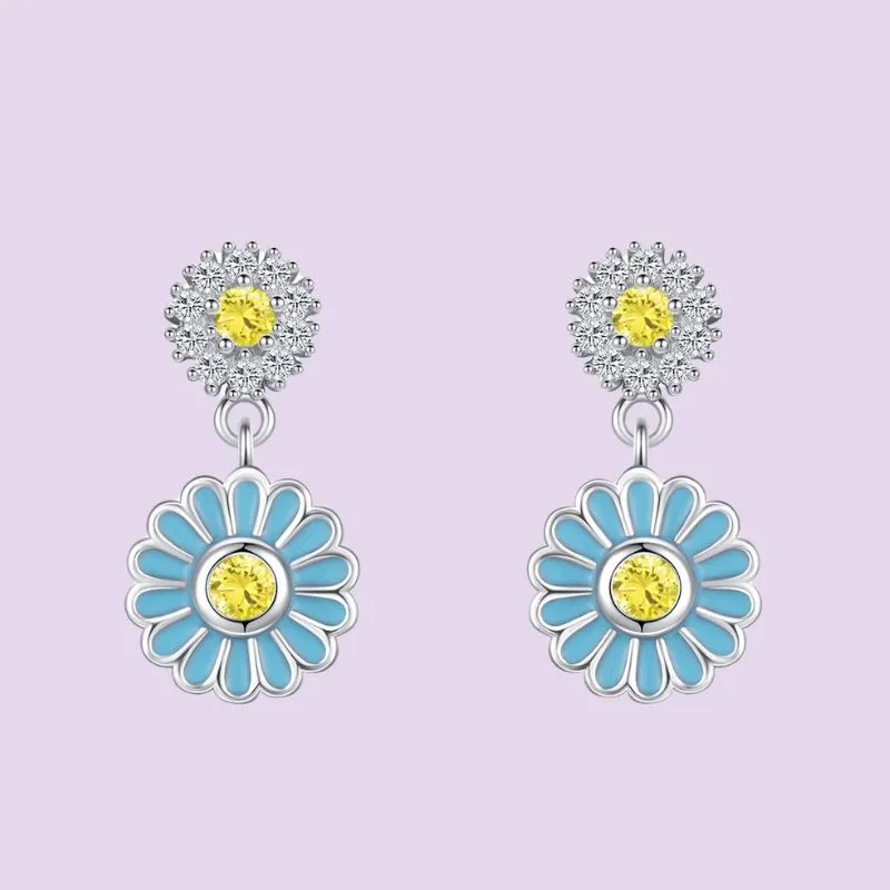 Blue Enamel Flower Earrings