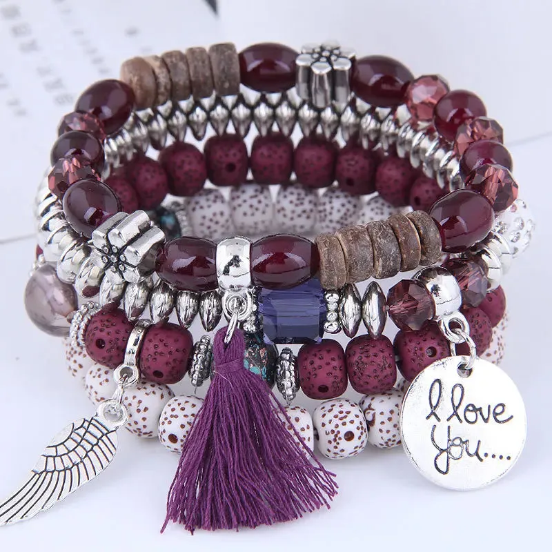 Bohemian Multicolor Pink Crystal Beads Bracelets Women Girls Elastic Tassel Wing Letters Rope Bracelet