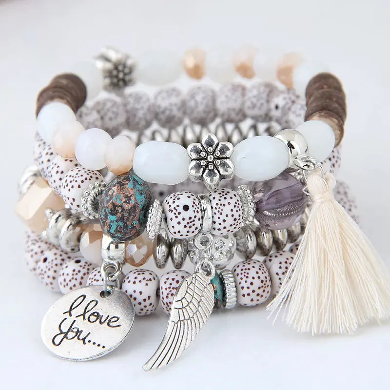 Bohemian Multicolor Pink Crystal Beads Bracelets Women Girls Elastic Tassel Wing Letters Rope Bracelet