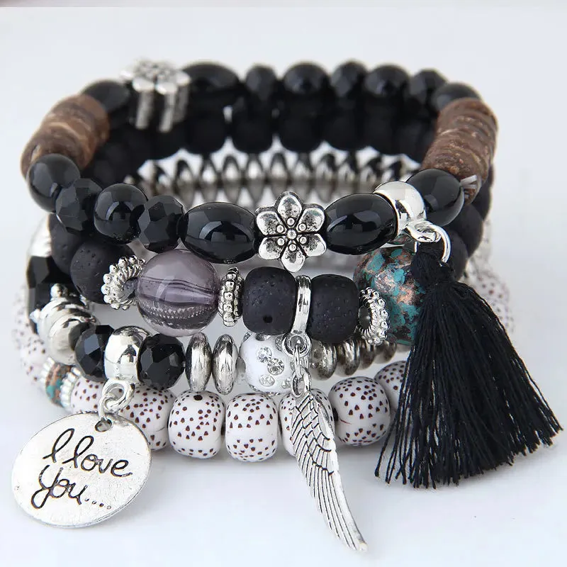 Bohemian Multicolor Pink Crystal Beads Bracelets Women Girls Elastic Tassel Wing Letters Rope Bracelet