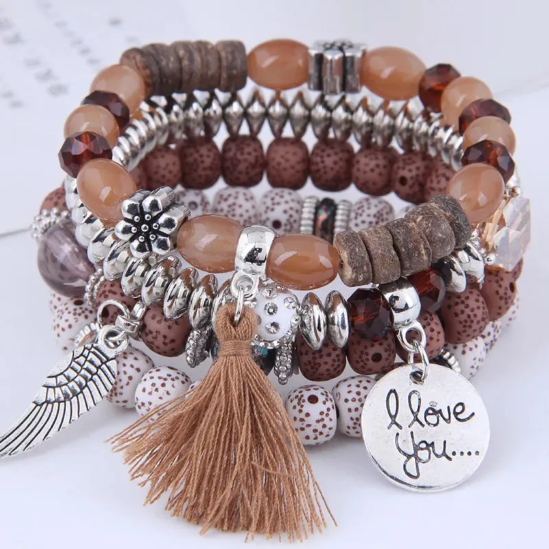 Bohemian Multicolor Pink Crystal Beads Bracelets Women Girls Elastic Tassel Wing Letters Rope Bracelet