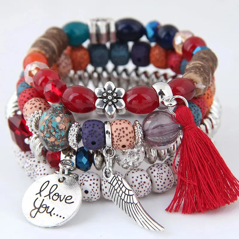Bohemian Multicolor Pink Crystal Beads Bracelets Women Girls Elastic Tassel Wing Letters Rope Bracelet