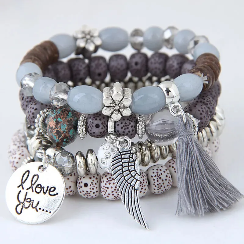 Bohemian Multicolor Pink Crystal Beads Bracelets Women Girls Elastic Tassel Wing Letters Rope Bracelet