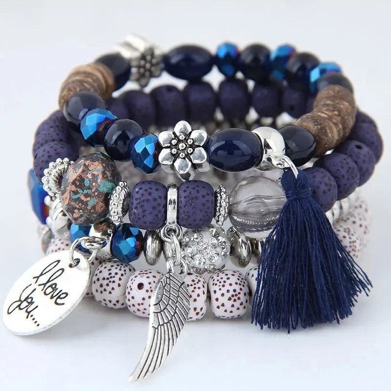 Bohemian Multicolor Pink Crystal Beads Bracelets Women Girls Elastic Tassel Wing Letters Rope Bracelet