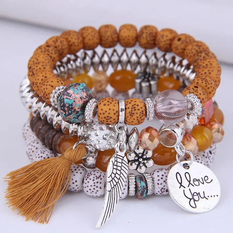 Bohemian Multicolor Pink Crystal Beads Bracelets Women Girls Elastic Tassel Wing Letters Rope Bracelet