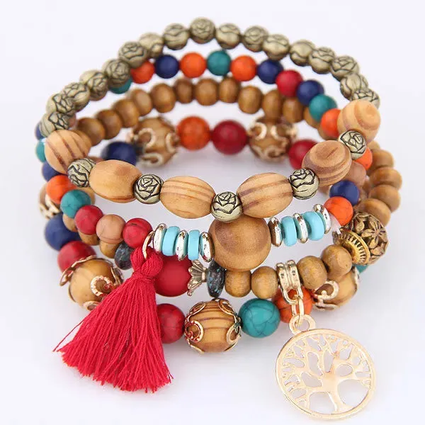 Bohemian Multicolor Pink Crystal Beads Bracelets Women Girls Elastic Tassel Wing Letters Rope Bracelet