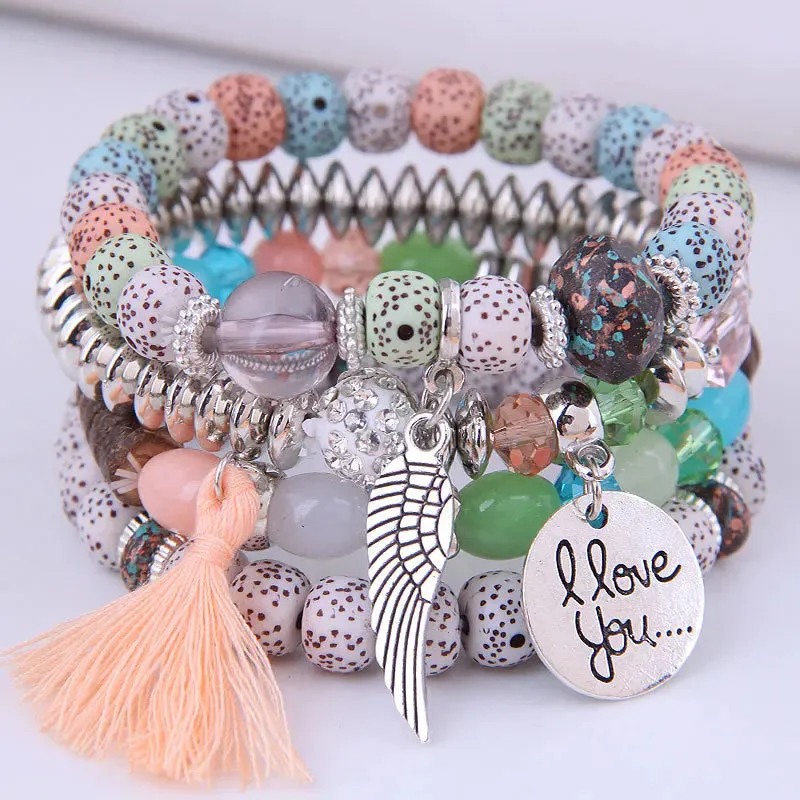 Bohemian Multicolor Pink Crystal Beads Bracelets Women Girls Elastic Tassel Wing Letters Rope Bracelet