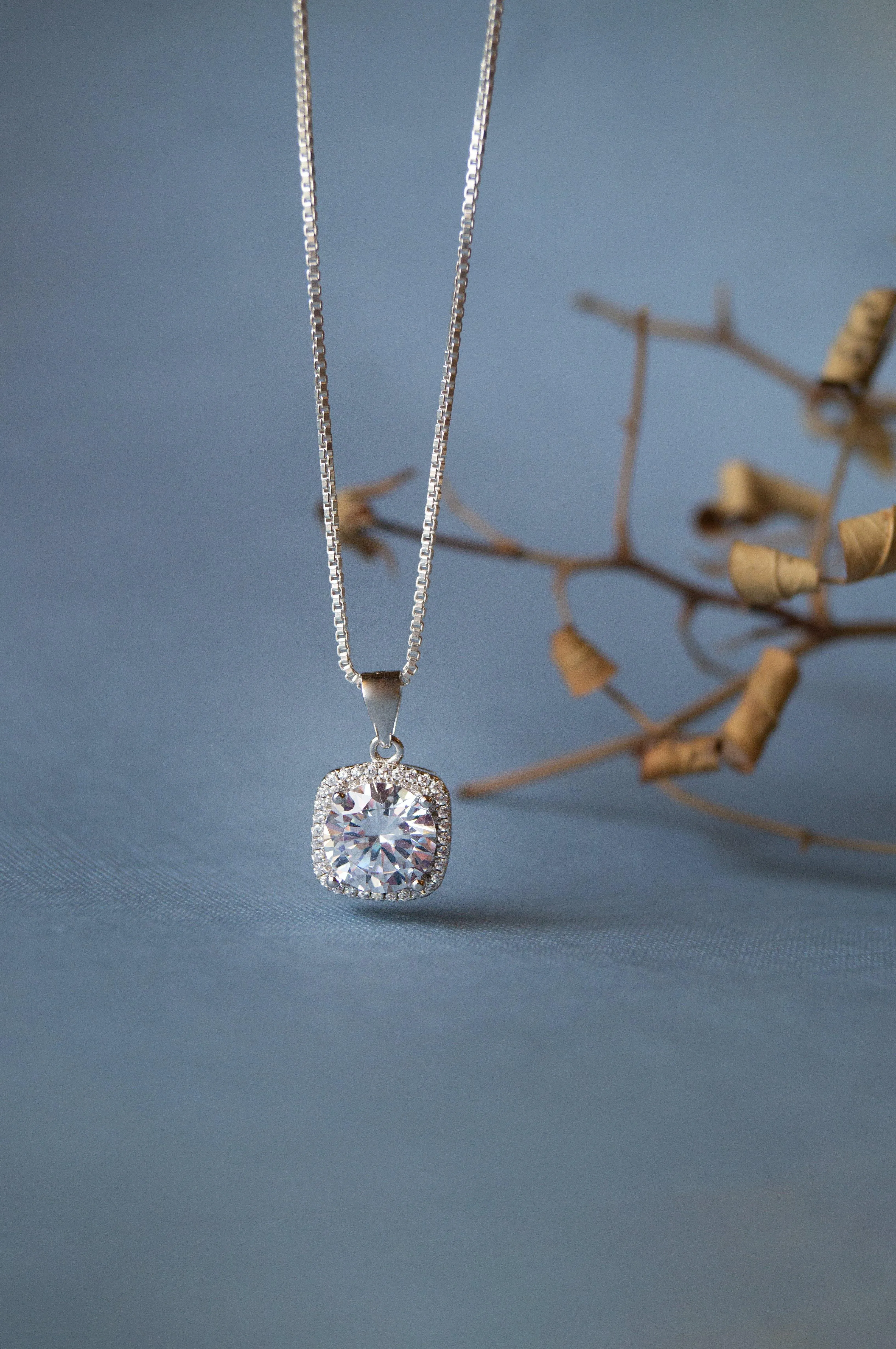 Brilliant Square Solitaire Sparkle Sterling Silver Pendant Set