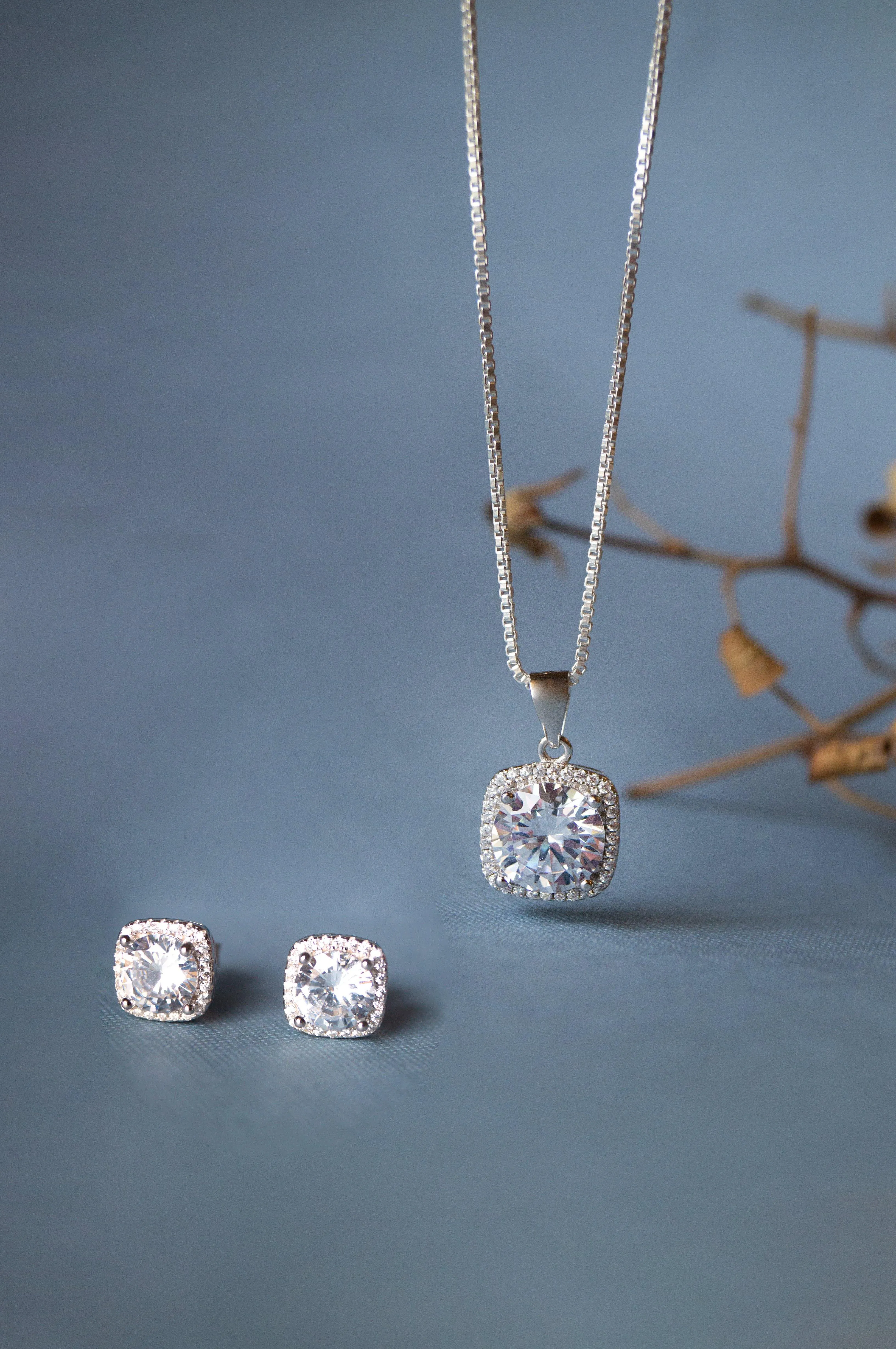 Brilliant Square Solitaire Sparkle Sterling Silver Pendant Set