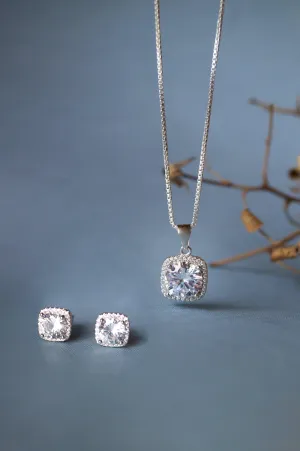 Brilliant Square Solitaire Sparkle Sterling Silver Pendant Set