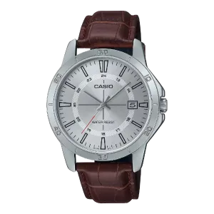 Casio Brown Leather Strap Silver Dial Quartz Watch for Gents - MTP-V004L-7CUDF