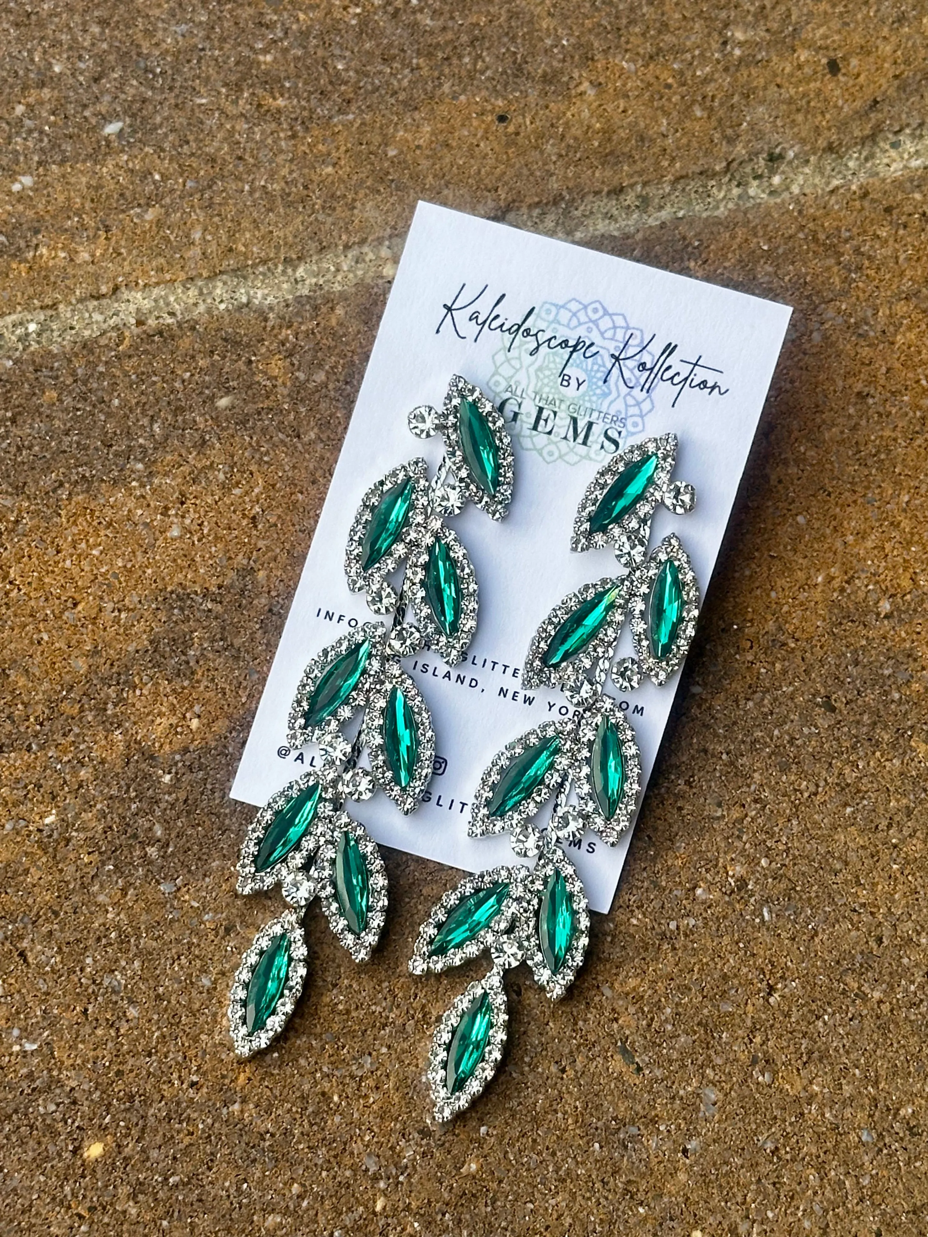 CHARLO - emerald green clear rhinestone vine earrings (silver)