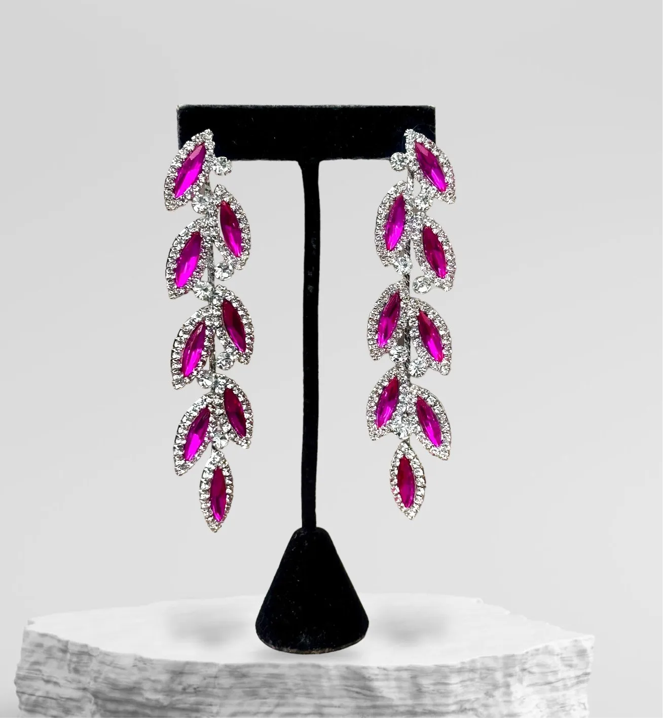 CHARLO - fuchsia & clear rhinestone vine earrings (silver)