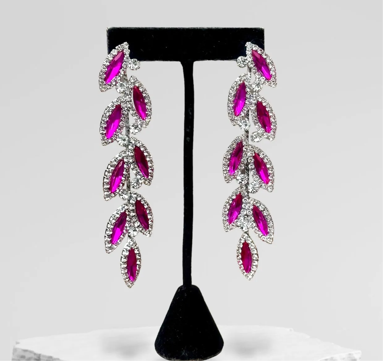 CHARLO - fuchsia & clear rhinestone vine earrings (silver)