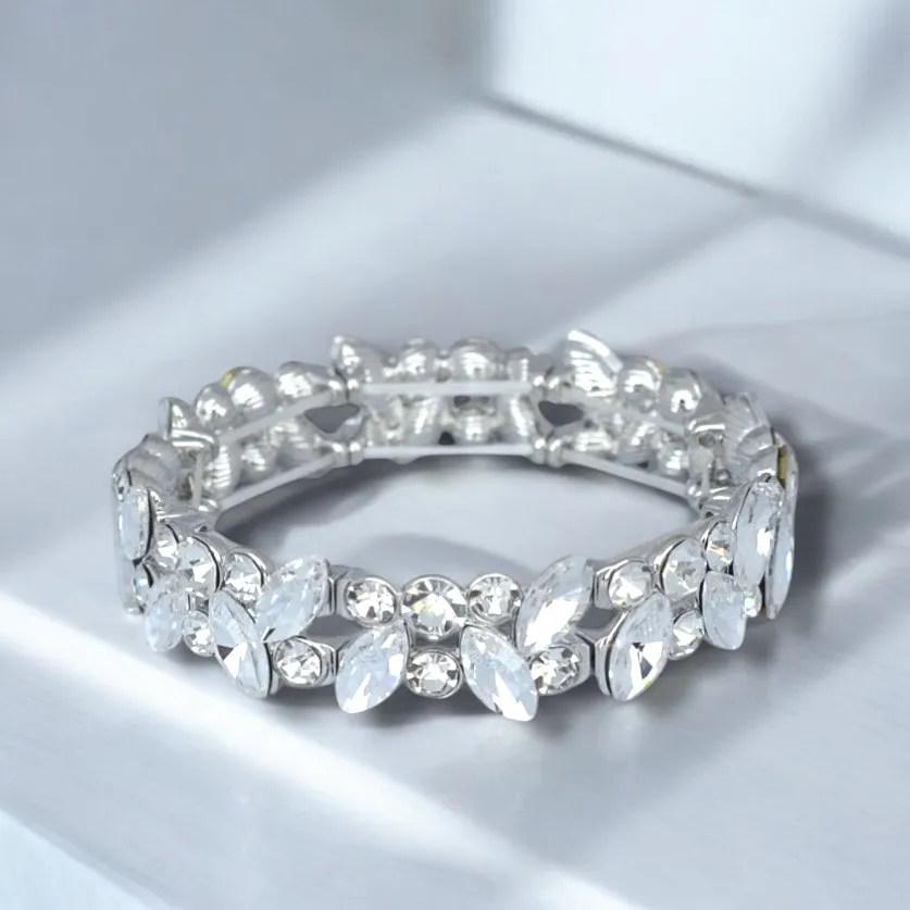 CHLOE - clear rhinestone floral stretch bracelet (silver)