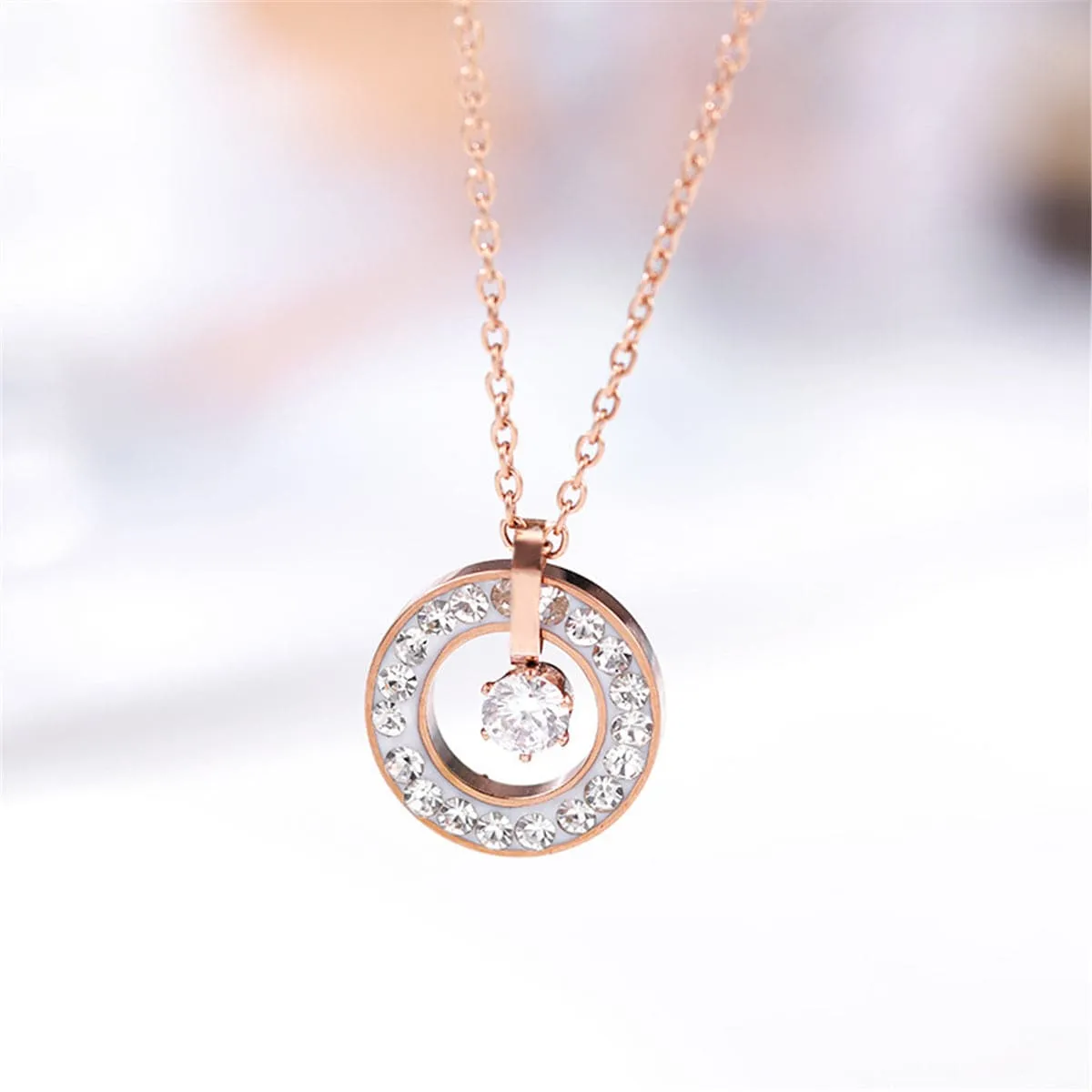 Cubic Zirconia 18K Rose Gold-Plated Ring Pendant Necklace