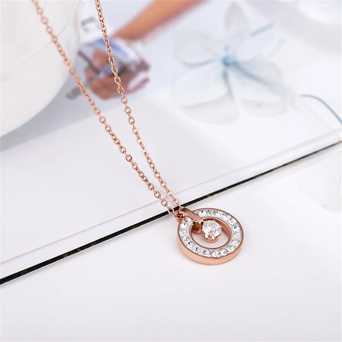 Cubic Zirconia 18K Rose Gold-Plated Ring Pendant Necklace