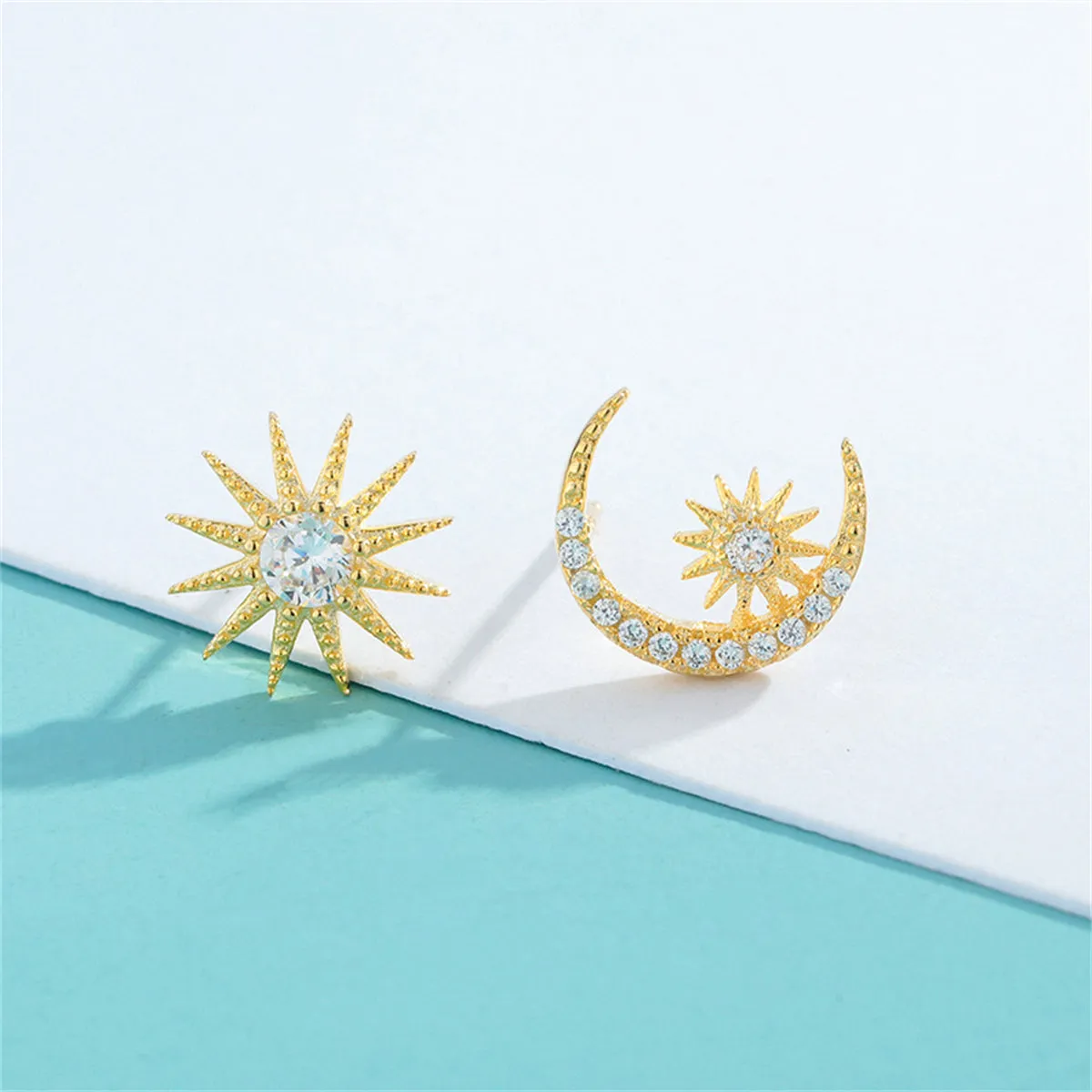Cubic Zirconia & 18K Gold-Plated Moon & Sun Stud Earrings