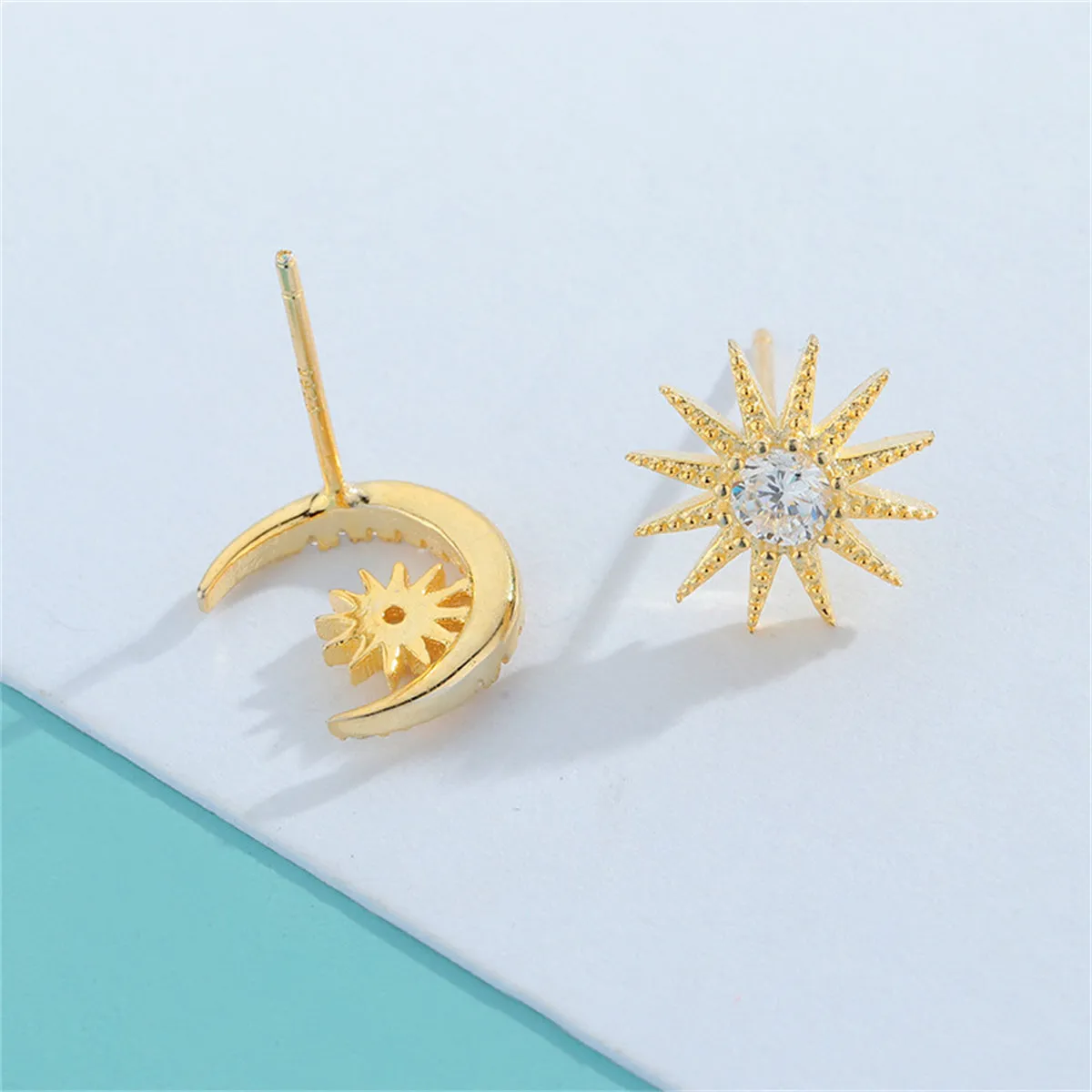 Cubic Zirconia & 18K Gold-Plated Moon & Sun Stud Earrings