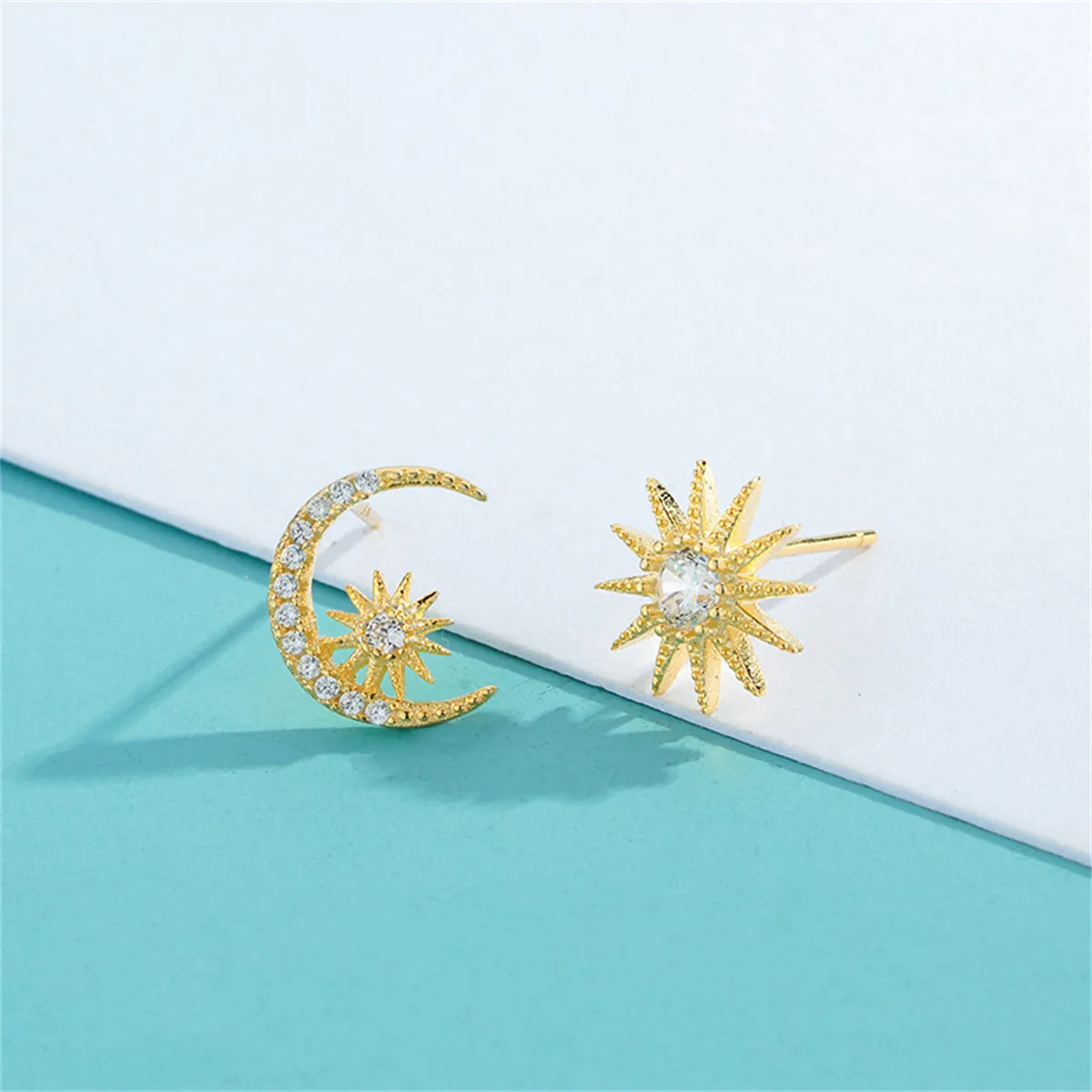 Cubic Zirconia & 18K Gold-Plated Moon & Sun Stud Earrings
