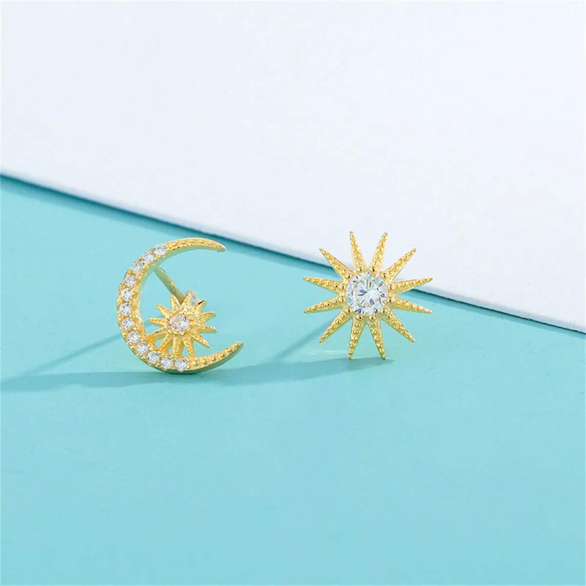 Cubic Zirconia & 18K Gold-Plated Moon & Sun Stud Earrings