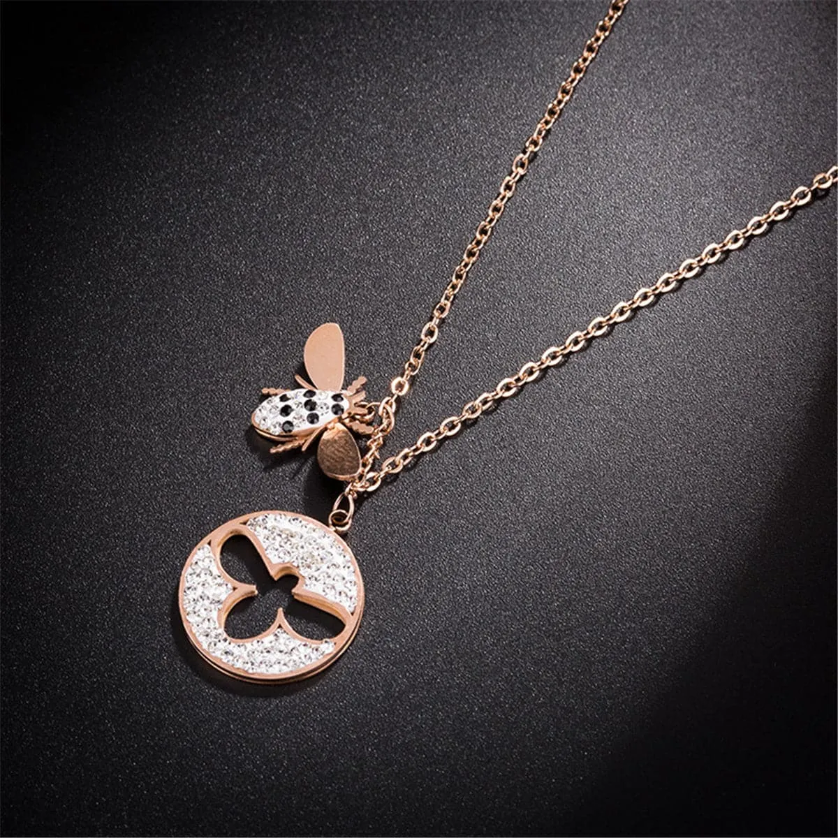 Cubic Zirconia & 18K Rose Gold-Plated Bee Pendant Necklace