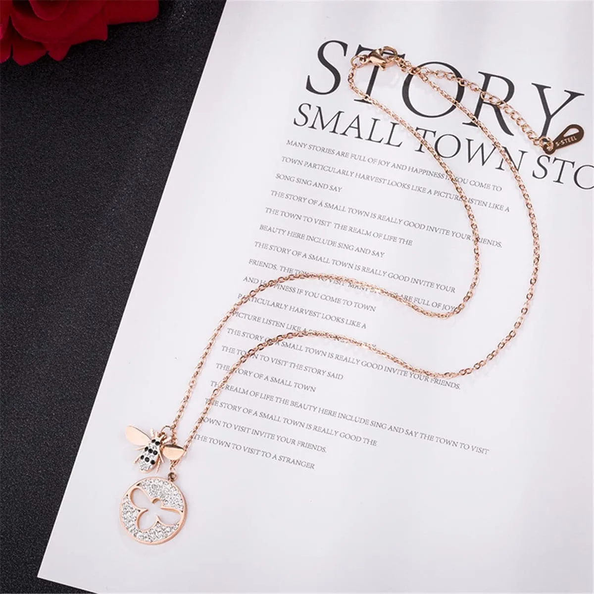 Cubic Zirconia & 18K Rose Gold-Plated Bee Pendant Necklace