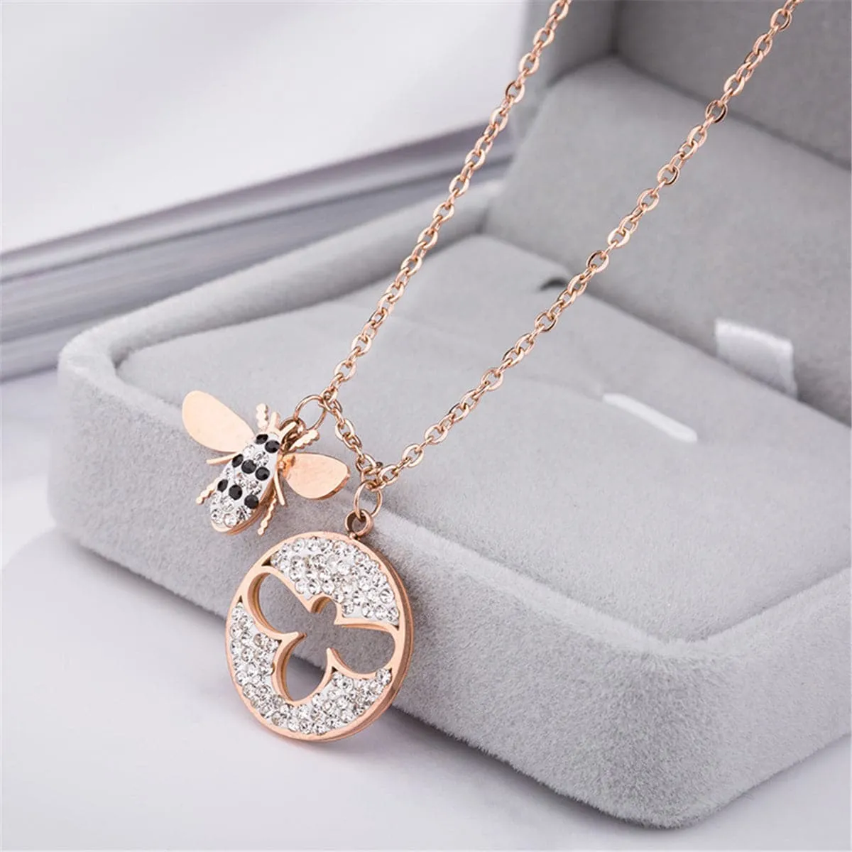 Cubic Zirconia & 18K Rose Gold-Plated Bee Pendant Necklace
