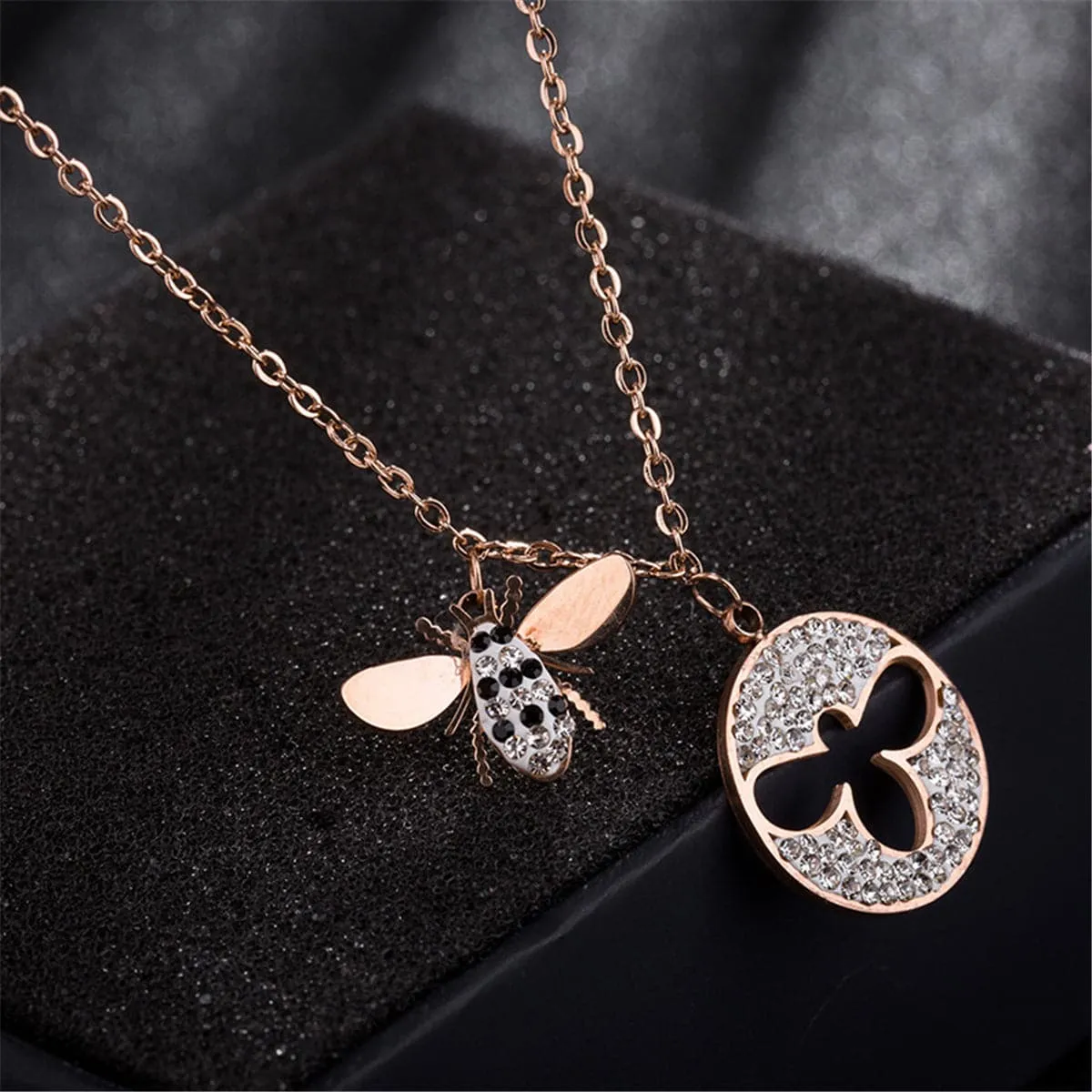 Cubic Zirconia & 18K Rose Gold-Plated Bee Pendant Necklace