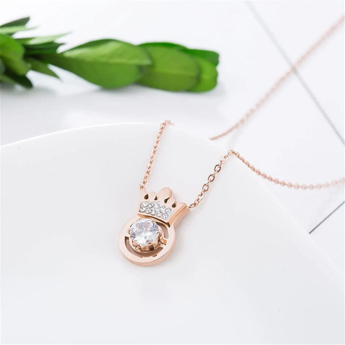 Cubic Zirconia & 18K Rose Gold-Plated Crown Pendant Necklace