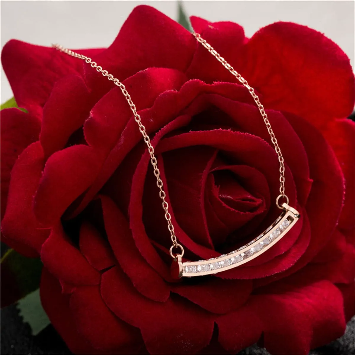 Cubic Zirconia & 18K Rose Gold-Plated Curved Bar Necklace