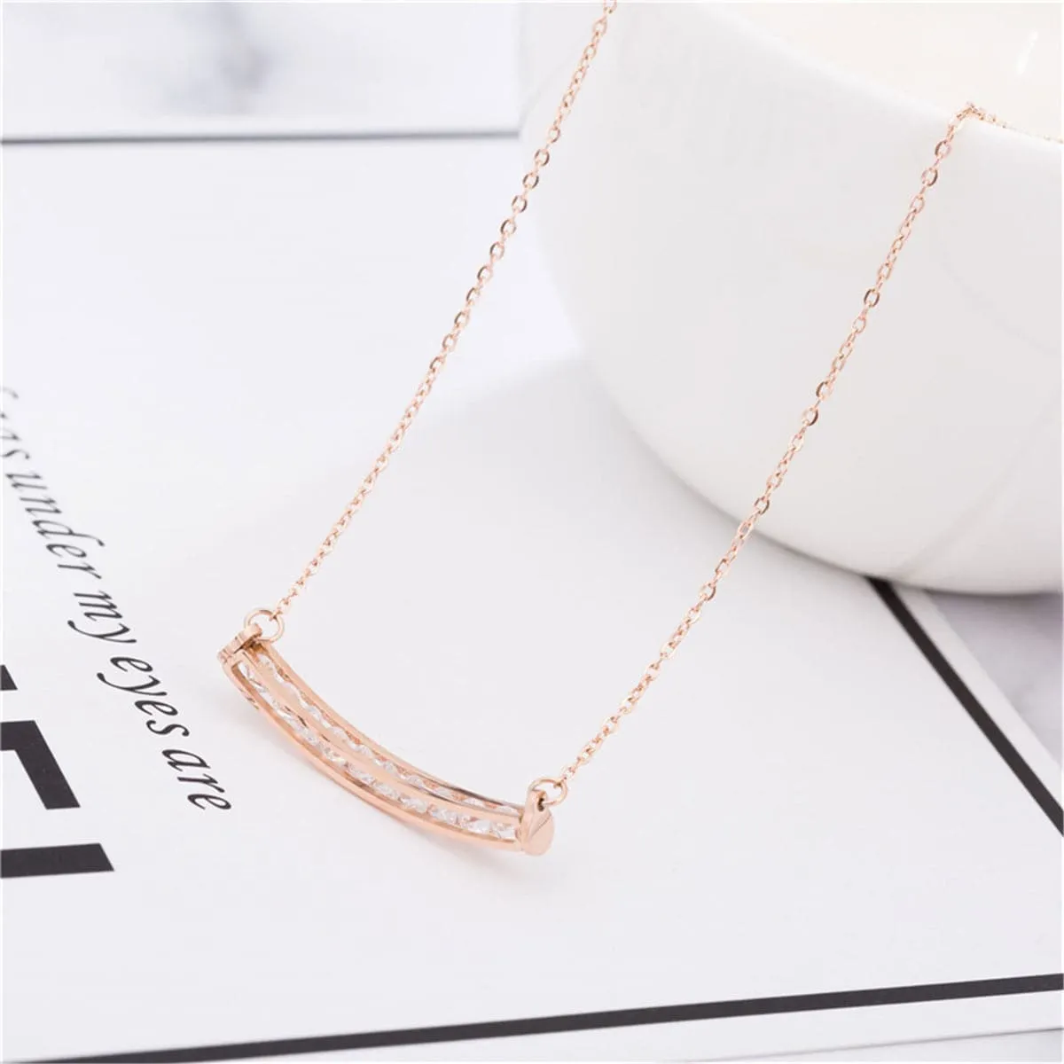 Cubic Zirconia & 18K Rose Gold-Plated Curved Bar Necklace