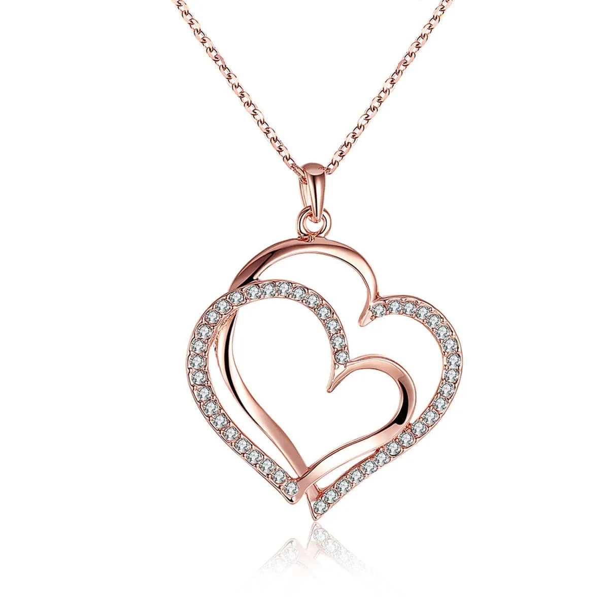 Cubic Zirconia & 18K Rose Gold-Plated Double-Heart Pendant Necklace