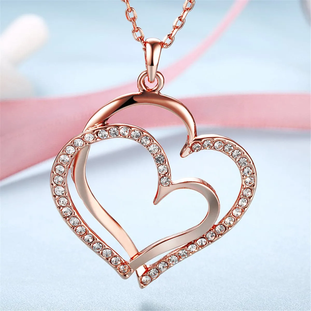 Cubic Zirconia & 18K Rose Gold-Plated Double-Heart Pendant Necklace