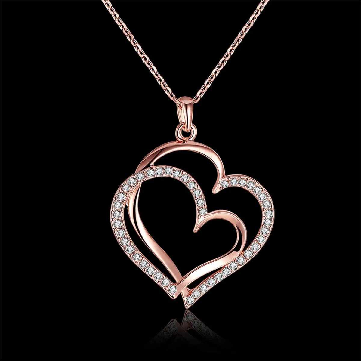 Cubic Zirconia & 18K Rose Gold-Plated Double-Heart Pendant Necklace