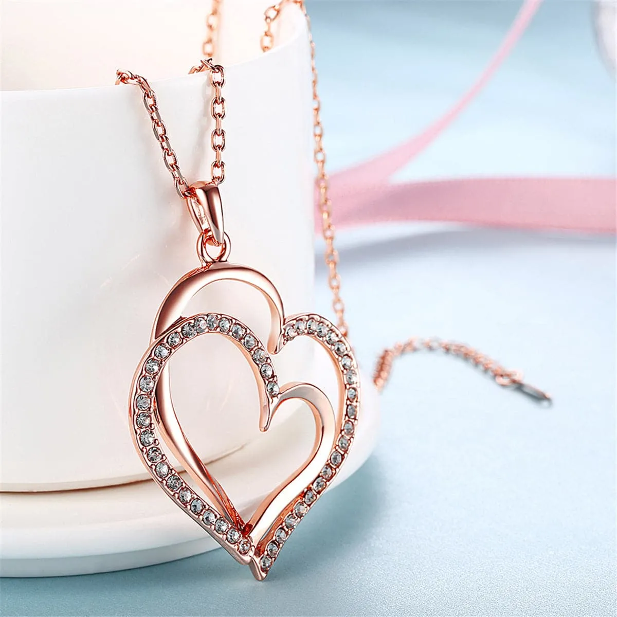 Cubic Zirconia & 18K Rose Gold-Plated Double-Heart Pendant Necklace