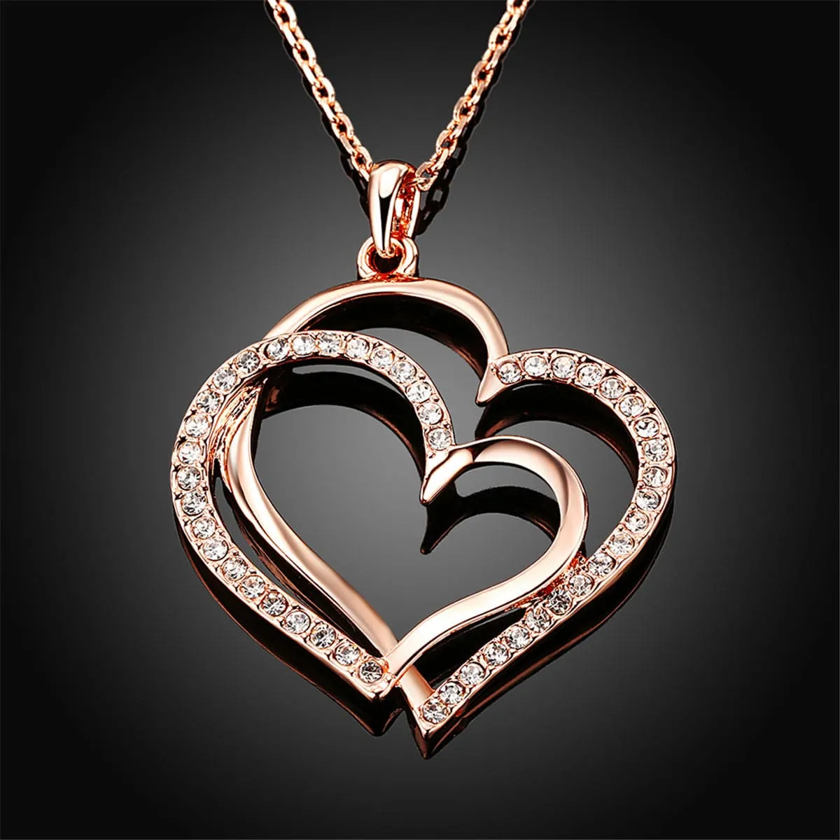 Cubic Zirconia & 18K Rose Gold-Plated Double-Heart Pendant Necklace