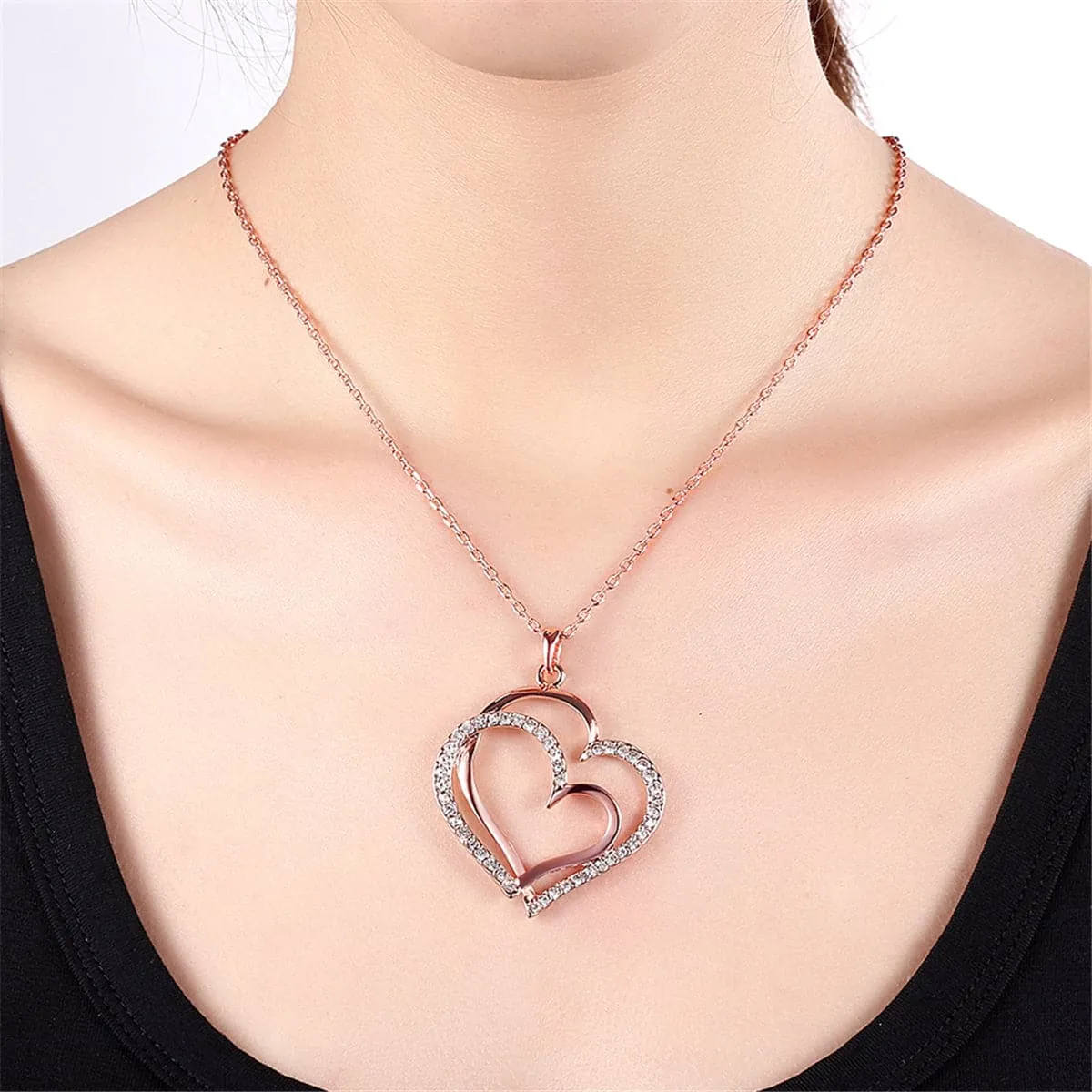 Cubic Zirconia & 18K Rose Gold-Plated Double-Heart Pendant Necklace